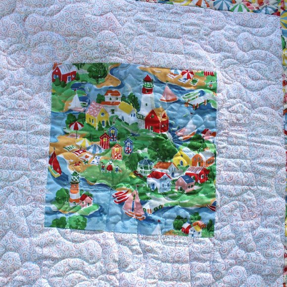 Vintage Handmade Patchwork Quilt Cotton Beach Ocean Seaside Theme - Picture 5 of 15